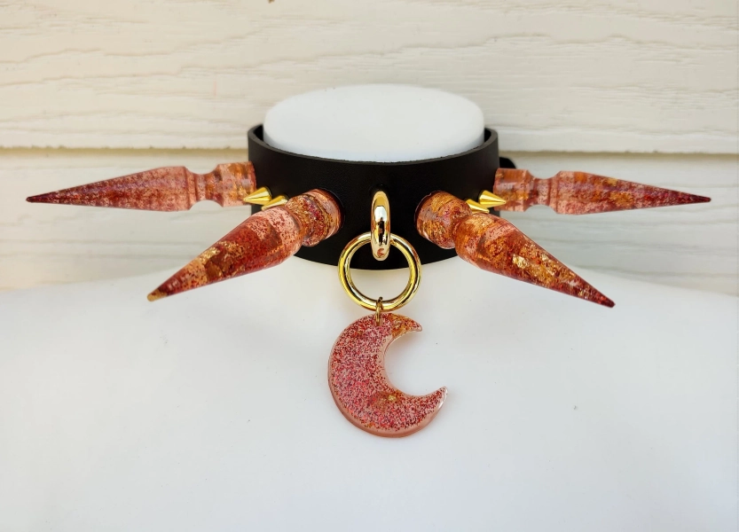 Bloody Moon Large Spikes Choker - Gothic Crescent Moon Collar