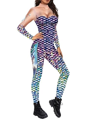 dPois Women Sexy Mermaid Swimwear Long Sleeve 3D Print Swimming Bodysuit Halloween Jumpsuit - Purple - XL