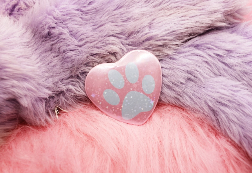Pastel Paw Holographic Heart Badge (55mm) - Blue and Pink Paw Print