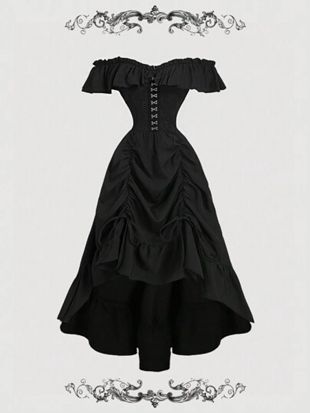 SHEIN MOD Women's Black Vintage Off Shoulder Long Dress,Western Wear Women,Country Outfits,Goth Outfits,Boho Dress,Fairycore,Cruise Outfits Women,Vintage Dresses For Woman,Corset Dress