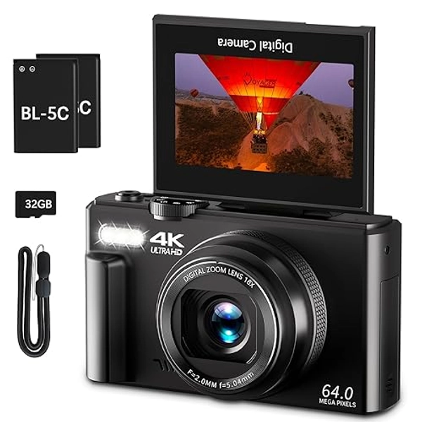 4K Digital Camera for Photography, 64MP Vlogging Camera for YouTube with 3" 180° Flip Screen, 18X Digital Zoom Point and Shoot Camara with 32GB Micro SD Card for Beginner (Black)