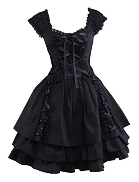Ainclu Womens Classic Black Layered Lace-up Goth Lolita Dress