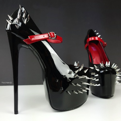 Black Red Gloss Spike Studded Strapped Heels | Eu35 /UK2.5/ USw4 / 15 cm / Photo Colour
