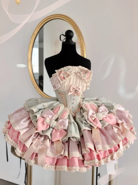 Pink and Green Boned Basque Waist Sweet Puffy Dress with Bunny Ear Design Bowknot on Skirt