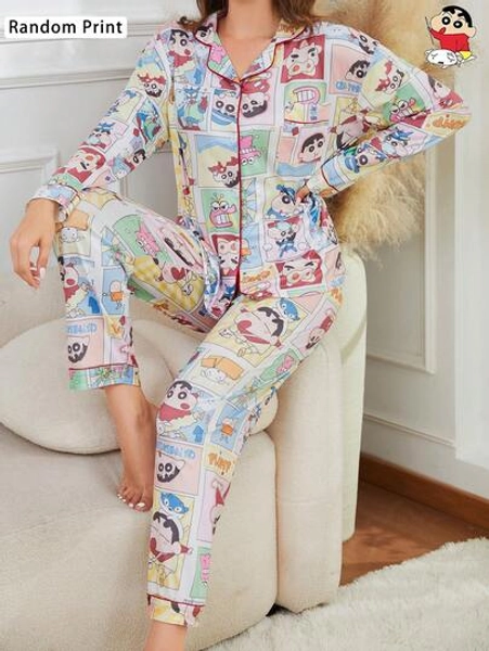 CRAYON SHINCHAN 2pcs Crayon Shin-Chan Milk Silk Soft & Comfortable Cartoon Print Long Sleeve Top & Pants Pajama Set For Women, Random Print, Spring/Autumn, Fall Clothes