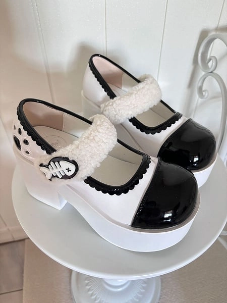 [$50.00]White Jirai Kei Claw Fishbone Design Platform Shoes