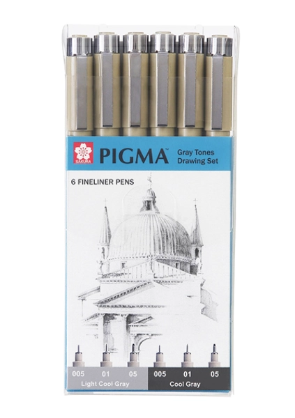 Tiralíneas Sakura Pigma Micron Set 6 Tonos Grises Fríos Dibujo