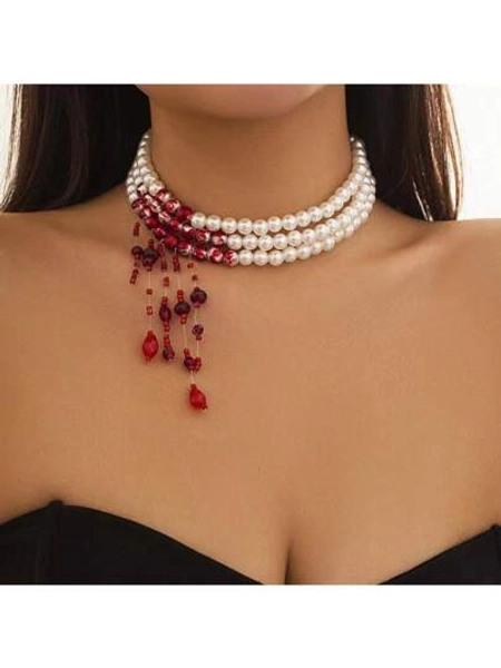 1pc Creative Pearl Necklace With Blood Drip Tassel Choker Necklace, Random Style And Color