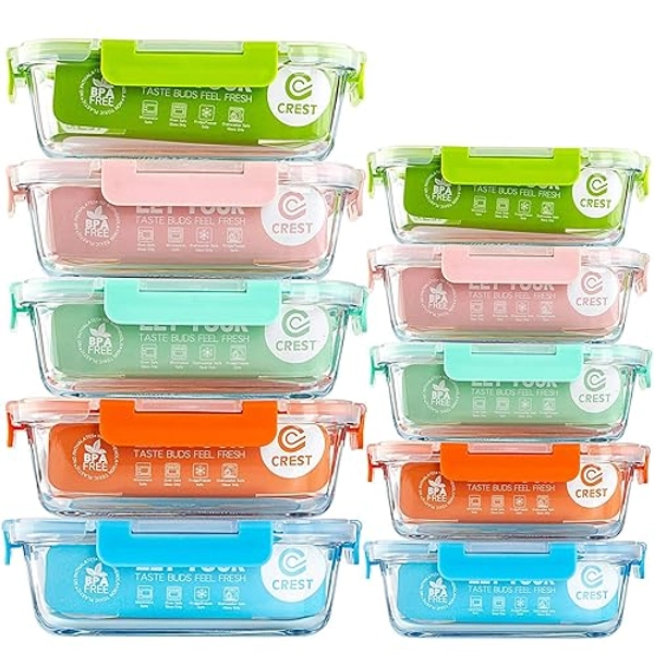 C CREST [10-Pack Glass Food Storage Containers (A Set of Five Colors), Meal Prep Containers with Lids for Kitchen, Home Use - Airtight Glass Lunch Boxes
