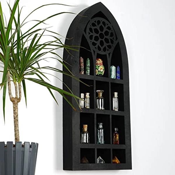 COUNTOOZQ Floating Shelves for Wall Mounted Wall Boho Hanging Gothic Decoration Old Church Window Crystal Wall Shelf Creative Decorative Fairytale Black Cabinet for Living Room