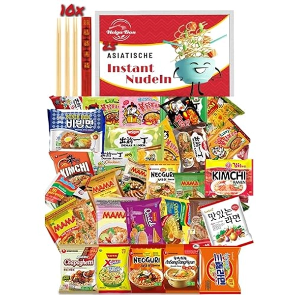 HELGA-BOX 25 Set, Instant Nudeln XXL Box mit 25 verschiedene Asia Nudeln (10x Bambus Essstäbchen) ausgewählter Mix an Instant Ramen wie Samyang, Nissin, Nongshim, Mama - Geschenkbox