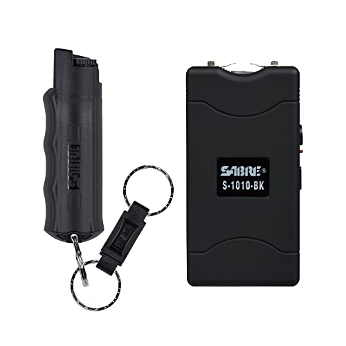 SABRE Pepper Spray And 2-in-1 Stun Gun and Flashlight, 25 Bursts of Max Strength OC Spray, Intuitive Finger Grip, 0.54 fl oz, Painful 1.160 µC Charge, 120 Lumens, Rechargeable, Safety Switch, Holster - Black