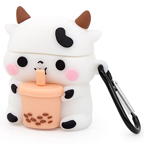 Mouzor Cute Airpods 2 Case, Boba Tea Cow Funny 3D Cartoon Animal Case, Soft PVC Full Protection Shockproof Charging Cover with Carabiner for Airpods 1st Generation, 2nd Generation