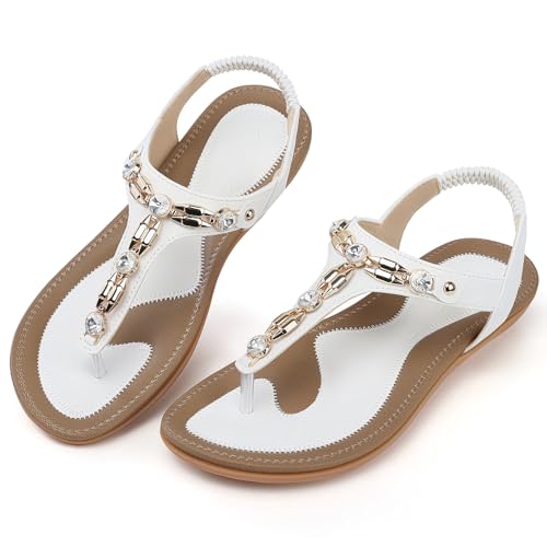 SHIBEVER Flat Sandals for Women Dressy: Summer Comfortable Dress Thong Flats Sandal - 8.5 - 66 White