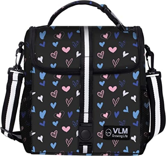 VLM Lunch Bags for Women,Leakproof Insulated Floral Lunch Box with Adjustable Shoulder Strap Reusable Zipper Cooler Tote Bag for Work,Picnic,Camping - Heart Design - Medium