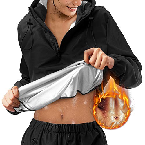 Junlan Sauna Suit for Women Sweat Sauna Pants Weight Loss Jacket Gym Workout Vest Sweat Suits for Women - Black Tops Only Medium