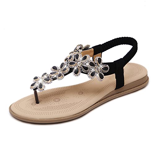 iCKER Women Sandals Rhinestone Dressy Casual Summer flat flip flops Comfortable Sandals - 8.5 - 929-black