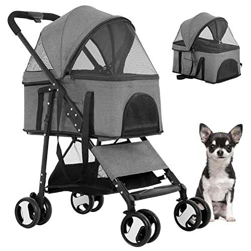 BestPet Pet Stroller Premium 3-in-1 Multifunction Dog Cat Jogger Stroller for Medium Small Dogs Cats Folding Lightweight Travel Stroller with Detachable Carrier &Cup Holder,Grey - Grey - 4 Wheels