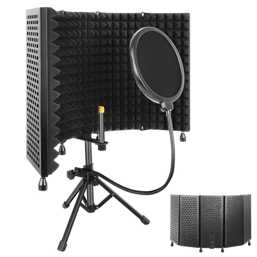 Iouyk Studio Recording Microphone Isolation Shield with Pop Filter and Tripod Stand, High Density Absorbent Foam to Filter Vocal, Foldable Sound Shield for Blue Yeti and Condenser Microphones