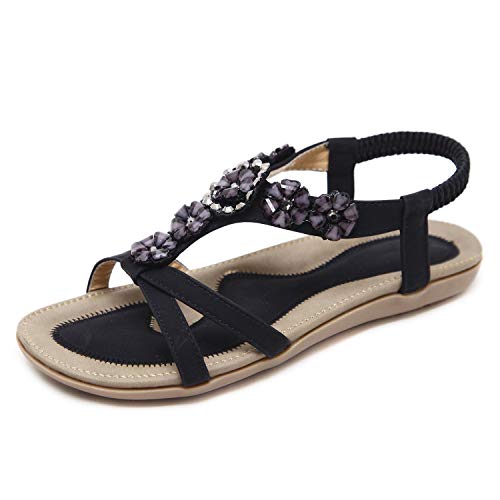 SHIBEVER Flat Sandals for Women Dressy: Summer Comfortable Ankle Strap Womens Sandal - 8.5 - 239 Black