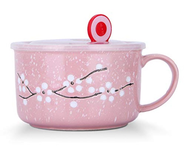 VanEnjoy 30oz Ceramic Bowl Set with Lid & Handle,Cherry Blossoms Among Snow Flake Pattern,Microwave for Instant Noodle Sara, Cereal Bowl (Pink) - Pink