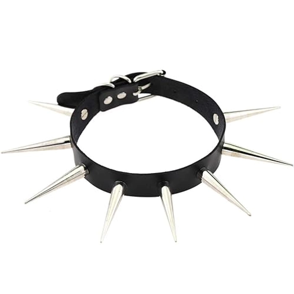 FM FM42 Unisex Simulated Leather PU Punk Rock Gothic Black-tone/Silver-tone Very Long 5.5cm(2.16") Spikes Rivets Choker Collar Necklace (16 Colors)