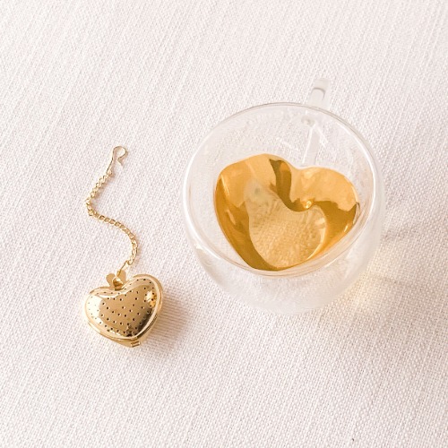 Double-Wall Glass Heart Mug - Glass Heart Mug + Gold Heart Tea Infuser