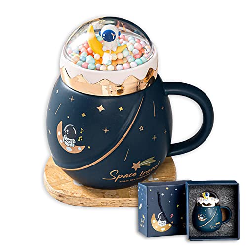 DRAMLOR Ceramic Astronaut Mug, 15OZ Astronaut Cups Kawaii Space Ceramic Mug with Lid and Spoon, Kawaii Coffee Cup Space Mug with Gift Box for Children, Friends and Family (Dark blue) - Dark Blue