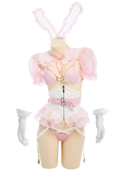 Bunny Girl Sexy Lingerie Set Lace Ruffled Garter Tulle Lingerie with Headband and Corset