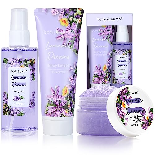 BODY & EARTH Body Mist Gift Set - Spa Gifts for Women, Perfume, Body Lotion, and Body Scrub in a Lavender Dreams Box- Perfect Birthday Gifts for Moms, and Special Occasions,Unique Gift Ideas for Her - 3pc