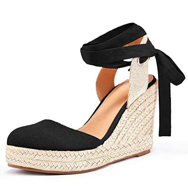 Ermonn Womens Espadrilles Wedge Sandals Platform Closed Toe Ankle Strap Lace Up Summer Shoes - 6.5 - 1-black