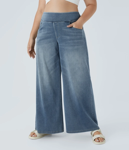 Halara Flex™ High Waisted Multiple Pockets Baggy Wide Leg Washed Stretchy Knit Casual Plus Size Jeans