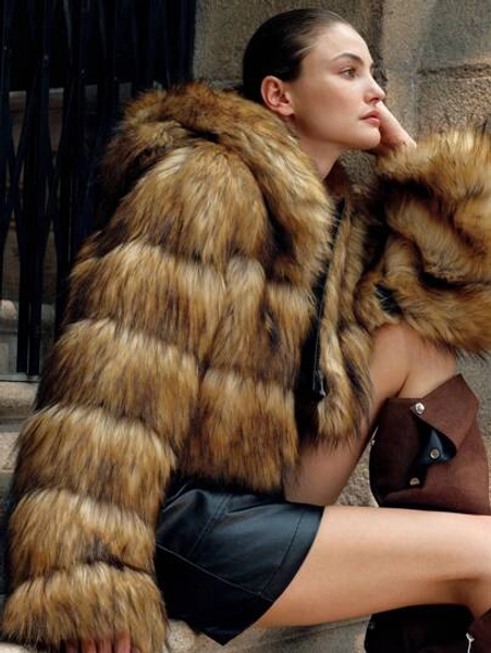 Anewsta Damen Leopard Farbverlauf Flauschige Kapuzen Kurze Jacke