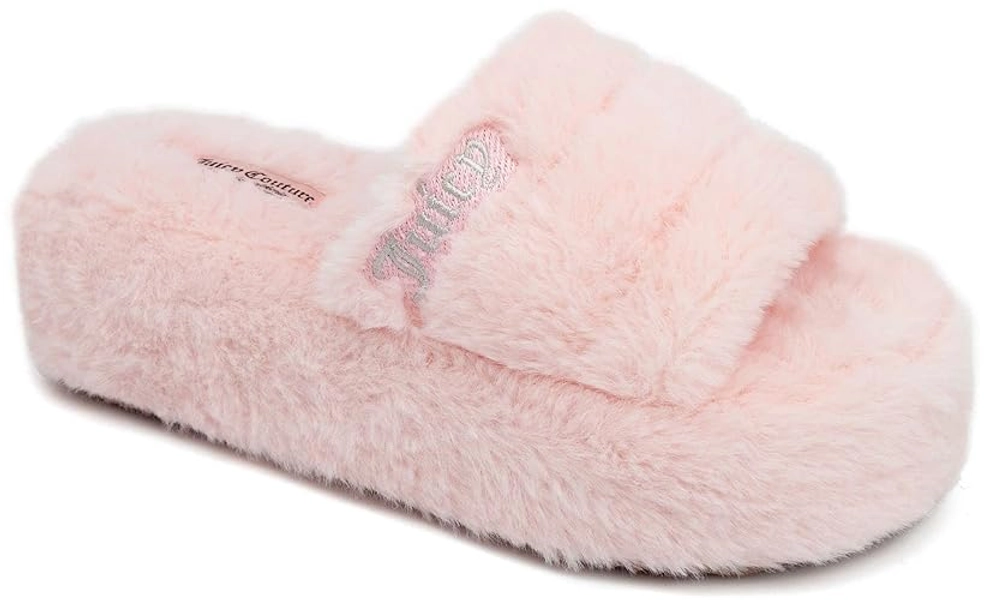 Juicy Couture Women's Faux Fur Slide Sandals, Furry Slip-On Slippers, Comfortable Casual Slides