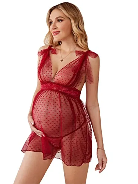 SOLY HUX Women's Maternity Polka Dots Deep V Neck Mesh Babydoll Nightgown with Thong 2 Piece Lingerie Set
