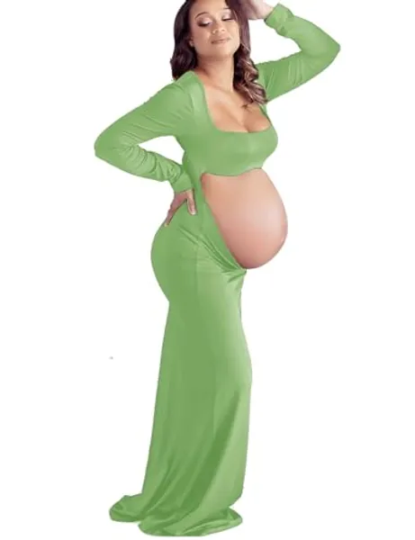 Dedysler Cut Out Maternity Dress for Photos Open Belly Long Sleeve Photography Gown Square Neck Maternity Outfit Dresses