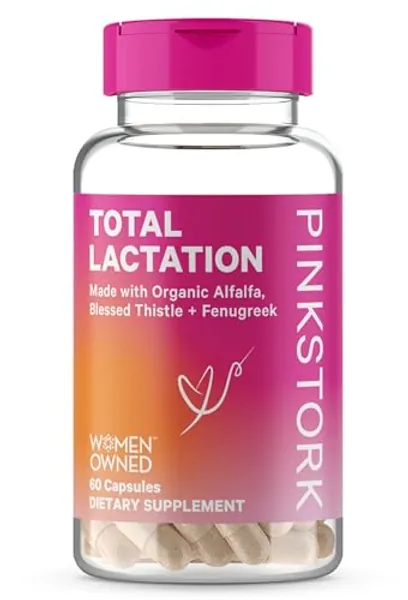 Pink Stork Total Lactation Supplement for Breast Milk Supply, Organic Fenugreek and Alfalfa to Support Breastfeeding, Milk Flow, and Production, Postpartum Essentials - 60 Capsules