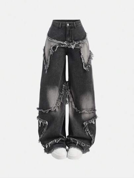 SHEIN Girlism Teen Girls Y2K Fashion Star Patchwork Fringe Low-Waisted Baggy Wide Leg Denim Jeans Pants With Raw Hem And Slanted Pocket
