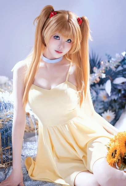 Anime Girl Cosplay Costume Yellow Sling Dress with Choker