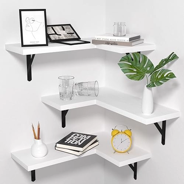 NATURE'S SOURCE Floating Corner Shelves Set of 3, Corner Shelves Wall Mounted, Floating Shelves for Bedroom Kitchen Living Room Bathroom Office- Gothic Style (White, Large)