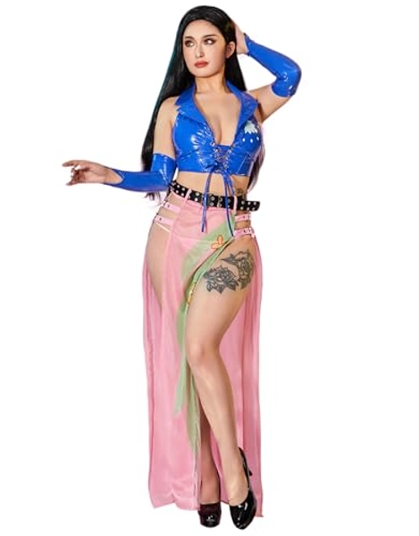 Mobbunny Women's Anime Cosplay Lingerie Set Deep V Lace-up Top and Slit Mesh Skirt with Gloves Outfit Halloween