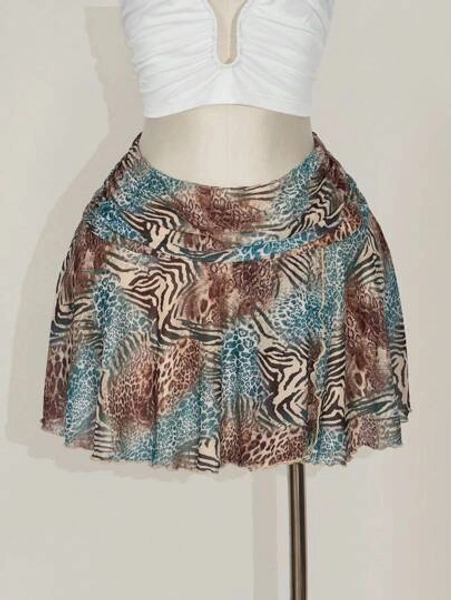 SHEIN ICON Women's Leopard Print Ruched Waist Side Slit A-Line Mini Skirt, Suitable For Party, Date, Street, Vacation, Music Festival, Beach, Summer Outfit