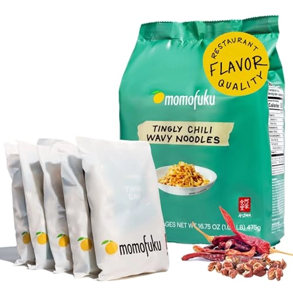 Momofuku Tingly Chili Ramen Noodles by David Chang, 5 Count (Pack of 1) Air-Dried Vegan Instant Noodles with 11g of Plant Based Protein