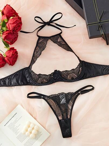 Halter Neck Tie Sheer Striped Embroidery Sexy Lingerie Set For Women, Rave