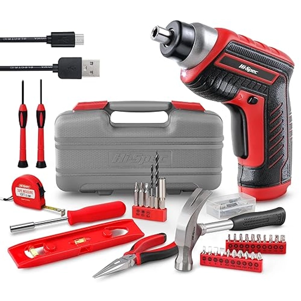Hi-Spec 35pc Red Tool Kit with 3.6V USB Electric Screwdriver and Drill Set. Complete Basic Tool Set