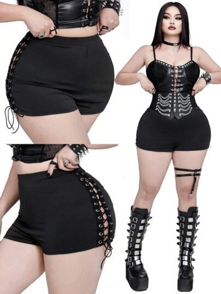 Whyspr Casual PunkPlus Size Ladies Fashion Tie-Strap Elastic Waist Bottoming Shorts