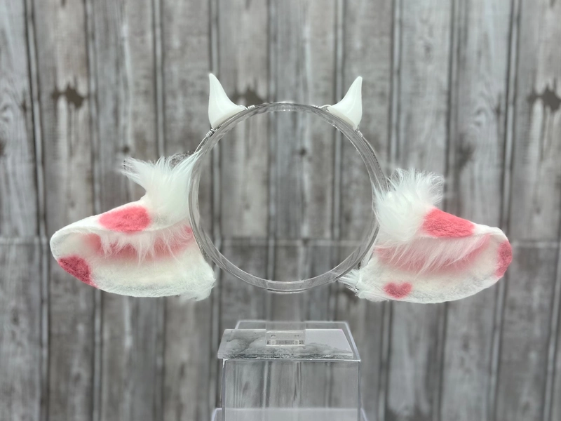 Strawberry Cow Ears Headband: Faux Fur Cosplay with Horns & Tail
