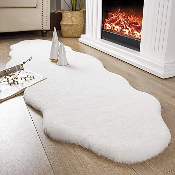Ashler Faux Rabbit Fur Rug, White 2x6 ft Soft Fluffy Faux Fur Runner Rug, Shaggy Area Rug for Bedroom, Living Room, Machine Washable Nursery Rug