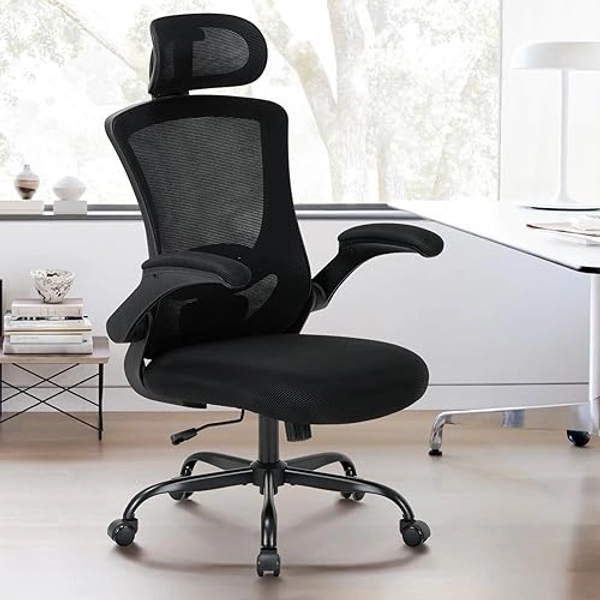 COLAMY Office Chair Mesh Computer Chair with Adjustable Headrest and Lumbar Support Desk Chair Ergonomic Working Chair with Flip-up Armrest, 140° Rocking for Home Office Study, All Black