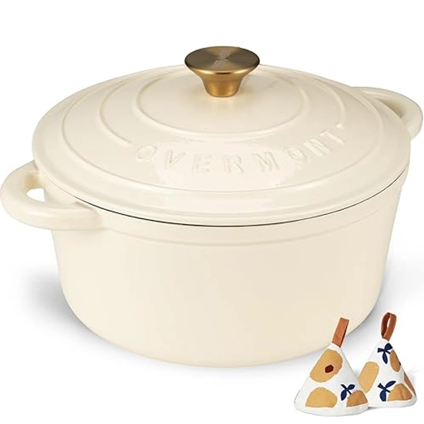 Overmont Enameled Cast Iron Dutch Oven - 5.5QT Pot with Lid Cookbook & Cotton Potholders - Heavy-Duty Cookware for Braising, Stews, Roasting, Bread Baking white